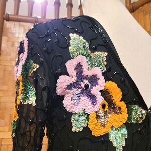 Black Floral Sequin Flower evening party cocktail long sleeve Midi Silk Dress M